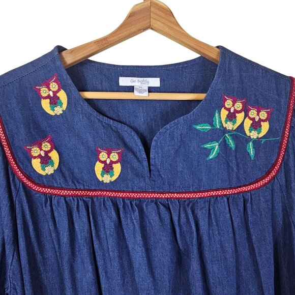 Go Softly Patio Dress XL Blue Owl Embroidered Short Sleeve Pockets Cottagecore - Picture 3 of 9